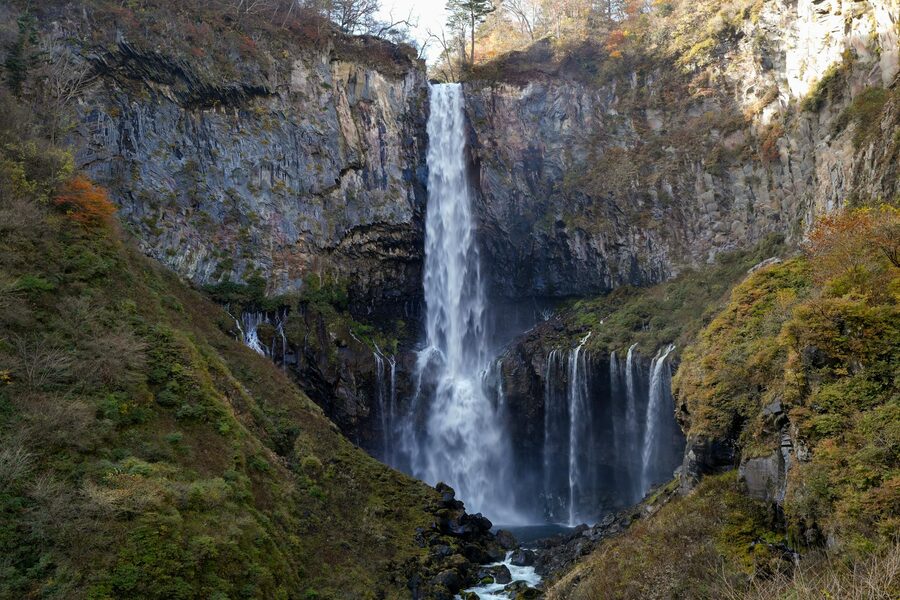 Kegon Falls with autumn foliage in Nikko Japan